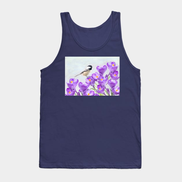 Chickadee Bird and Purple Crocus Tank Top by lauradyoung